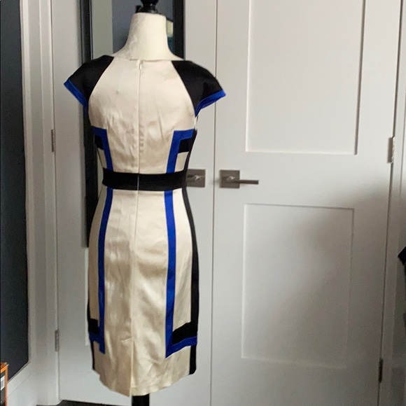 JAX Satin Blue Black Cream Colour Block Dress - Picture 3 of 4